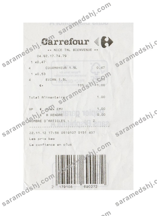 Carrefour supermarket payment receipt
